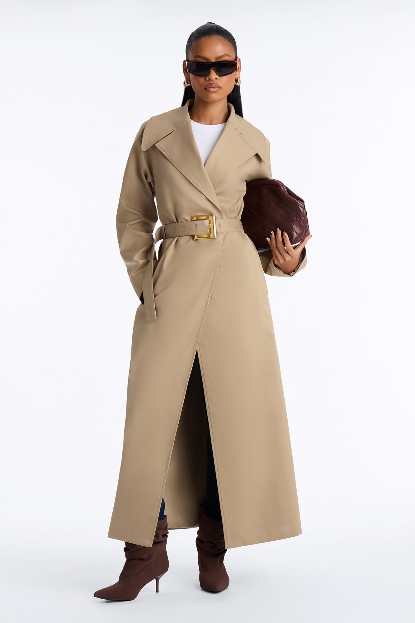 Sienna Twill Belted Maxi Coat - Khaki