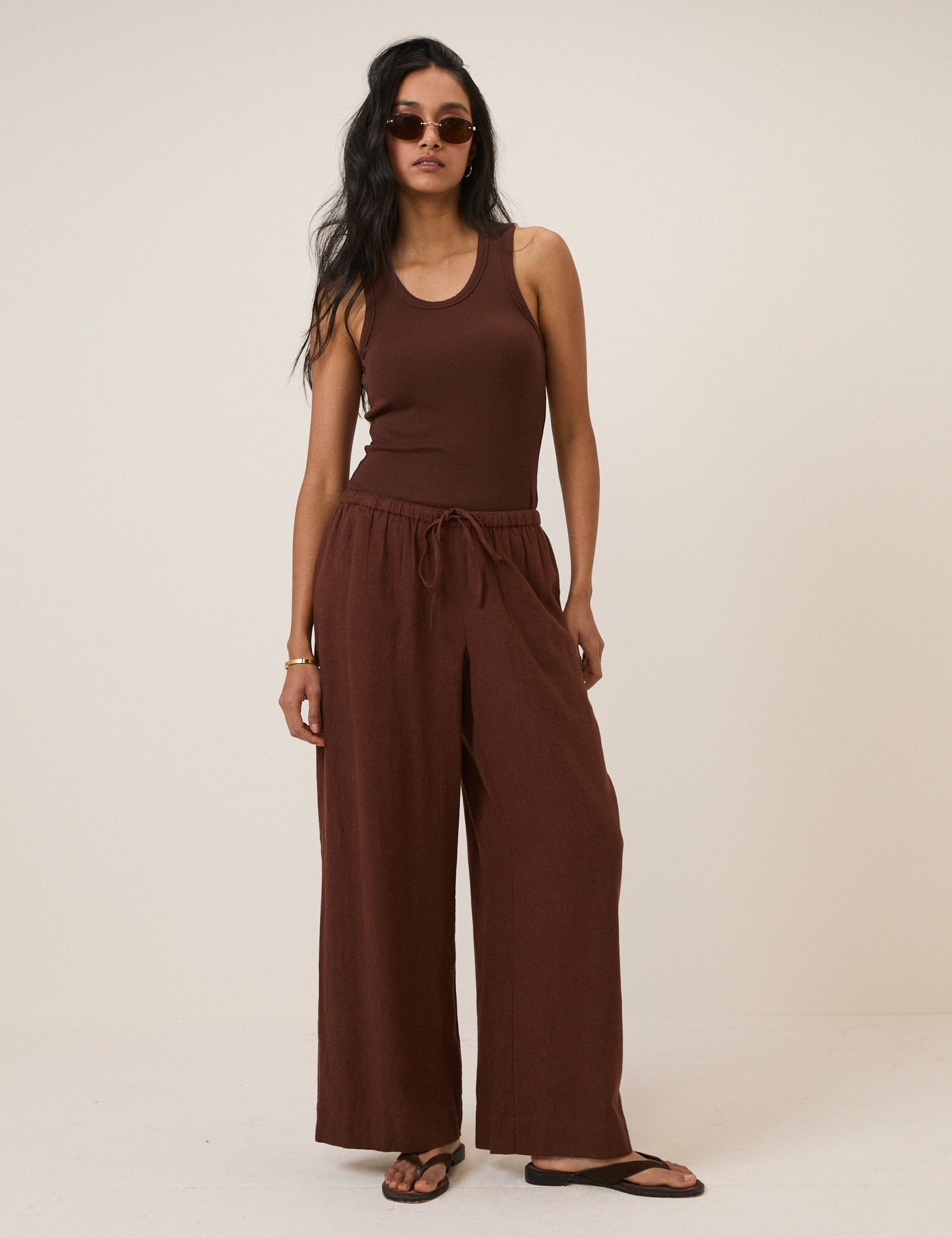 Brown Linen-Rich Low Waisted Straight Leg Trousers