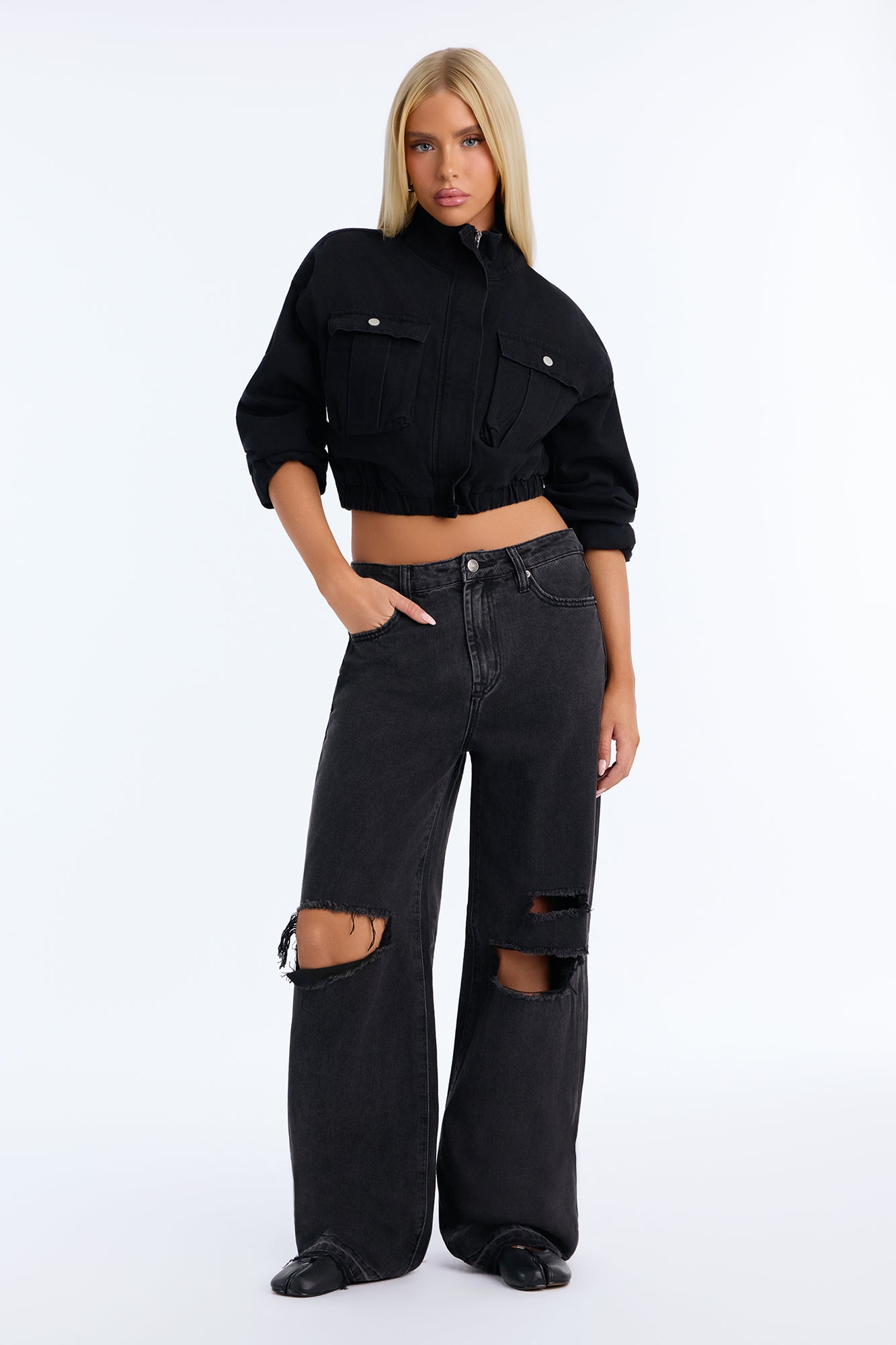 SoCal Ripped High Rise Wide Leg Jeans - Black Wash
