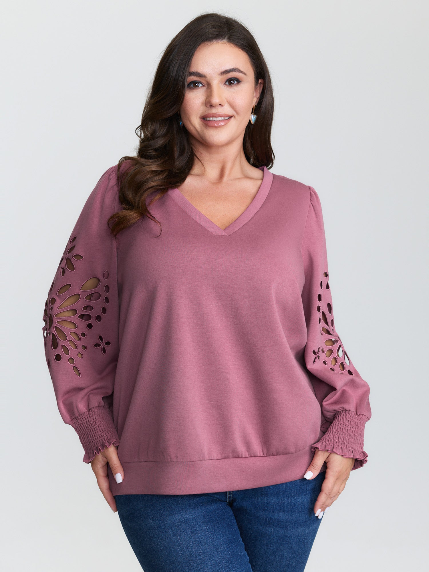 Cut-Out Embroidered Sleeve Rayon Sweatshirt