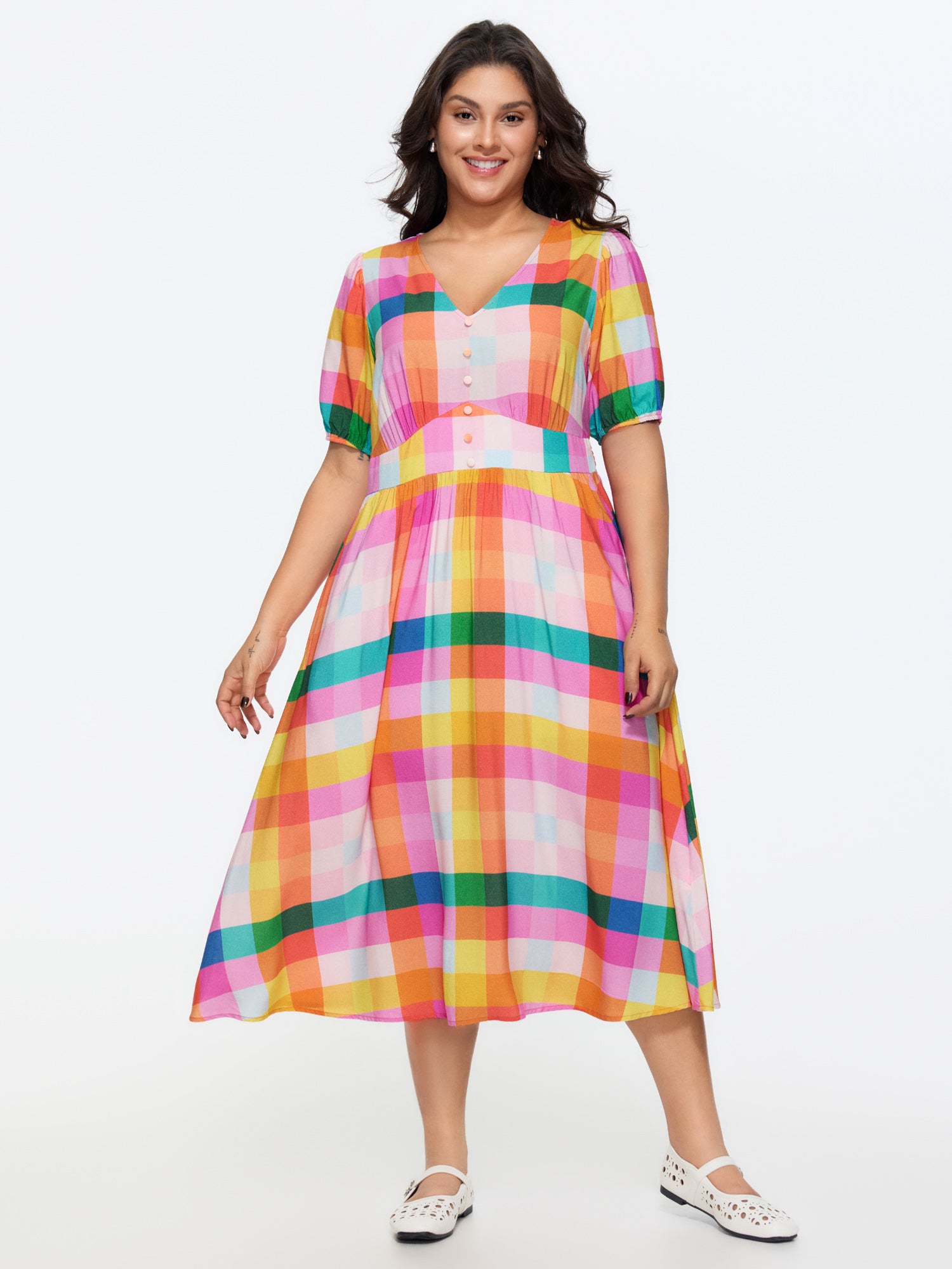 Colorblock Plaid Print Shirred Waist Front Button Midi Dress