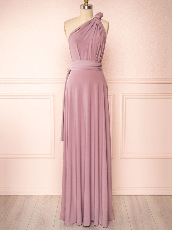 Elegant A-Line One Shoulder Sleeveless Floor-Length Bridesmaid Dresses with Ruffles