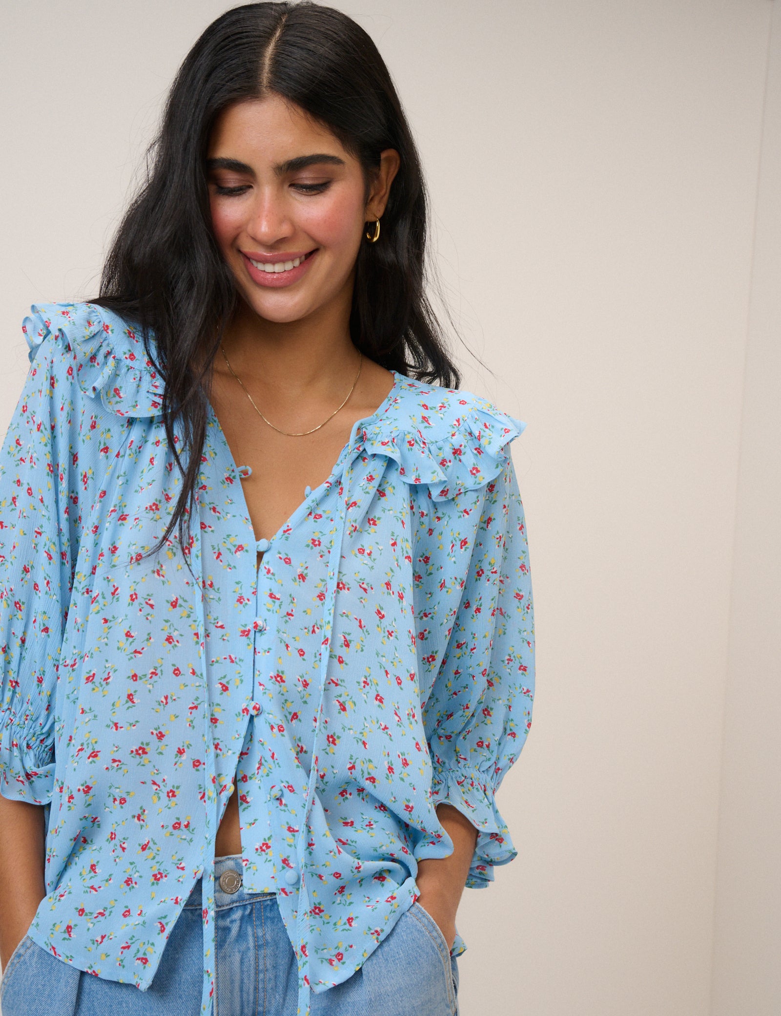 Blue Floral Short Sleeve Blouse