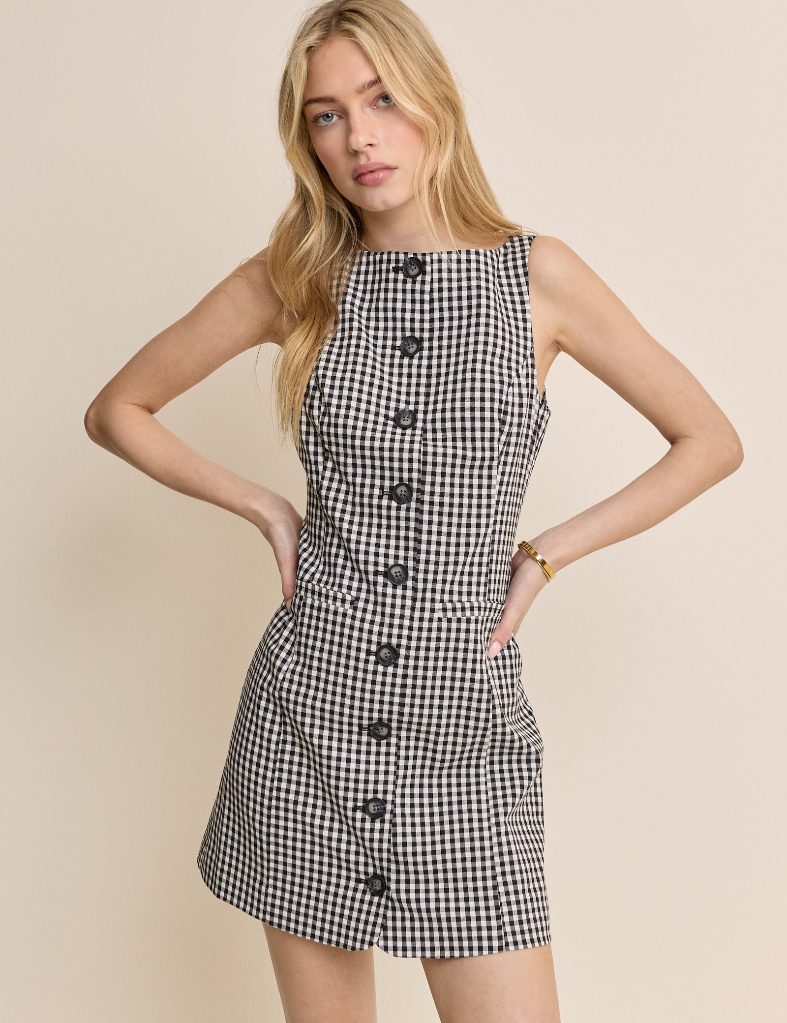 Black Gingham Boat Neck Tailored Mini Dress