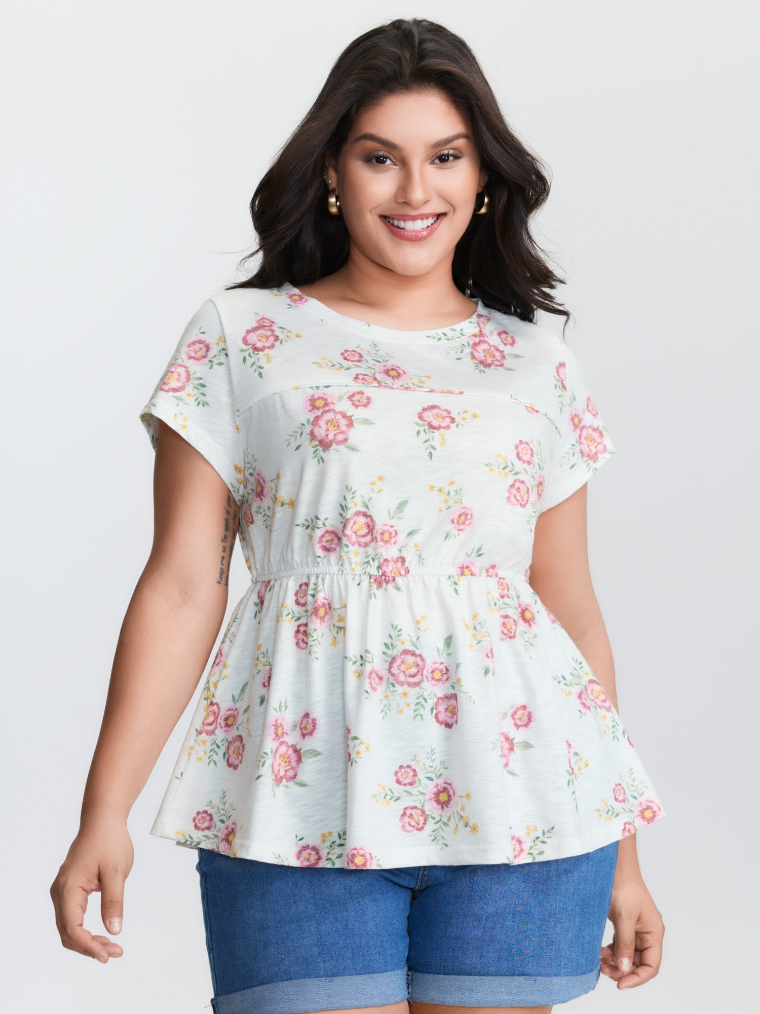 Floral Print Cinched Flared Blouse