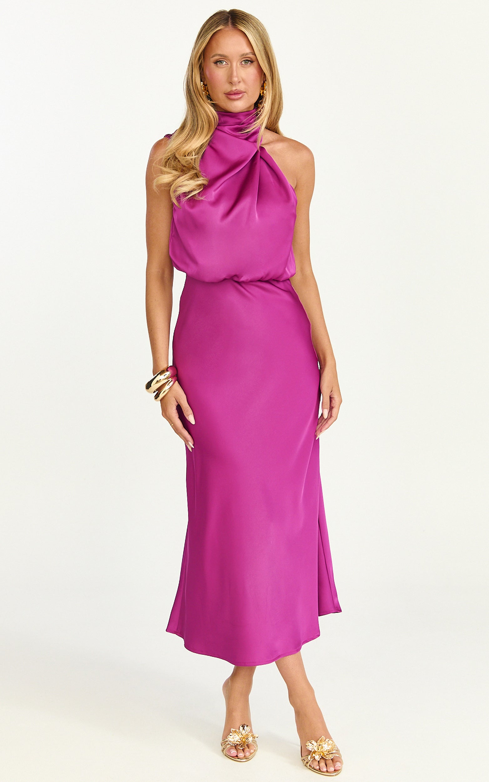 Minnie Midi Dress - Drape Neck Satin Slip Dress in Purple