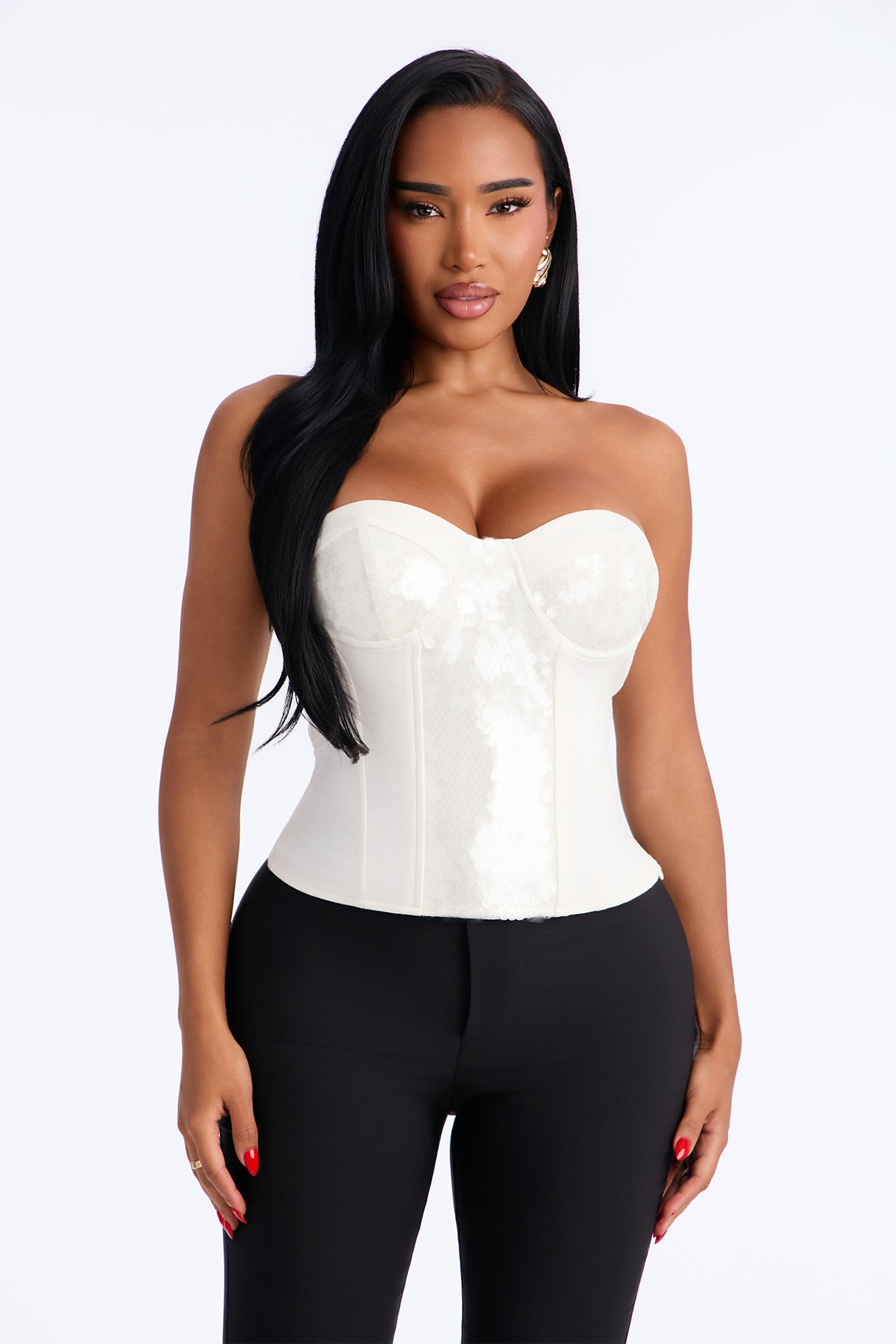 Social Hour Sequin Strapless Corset Top - White