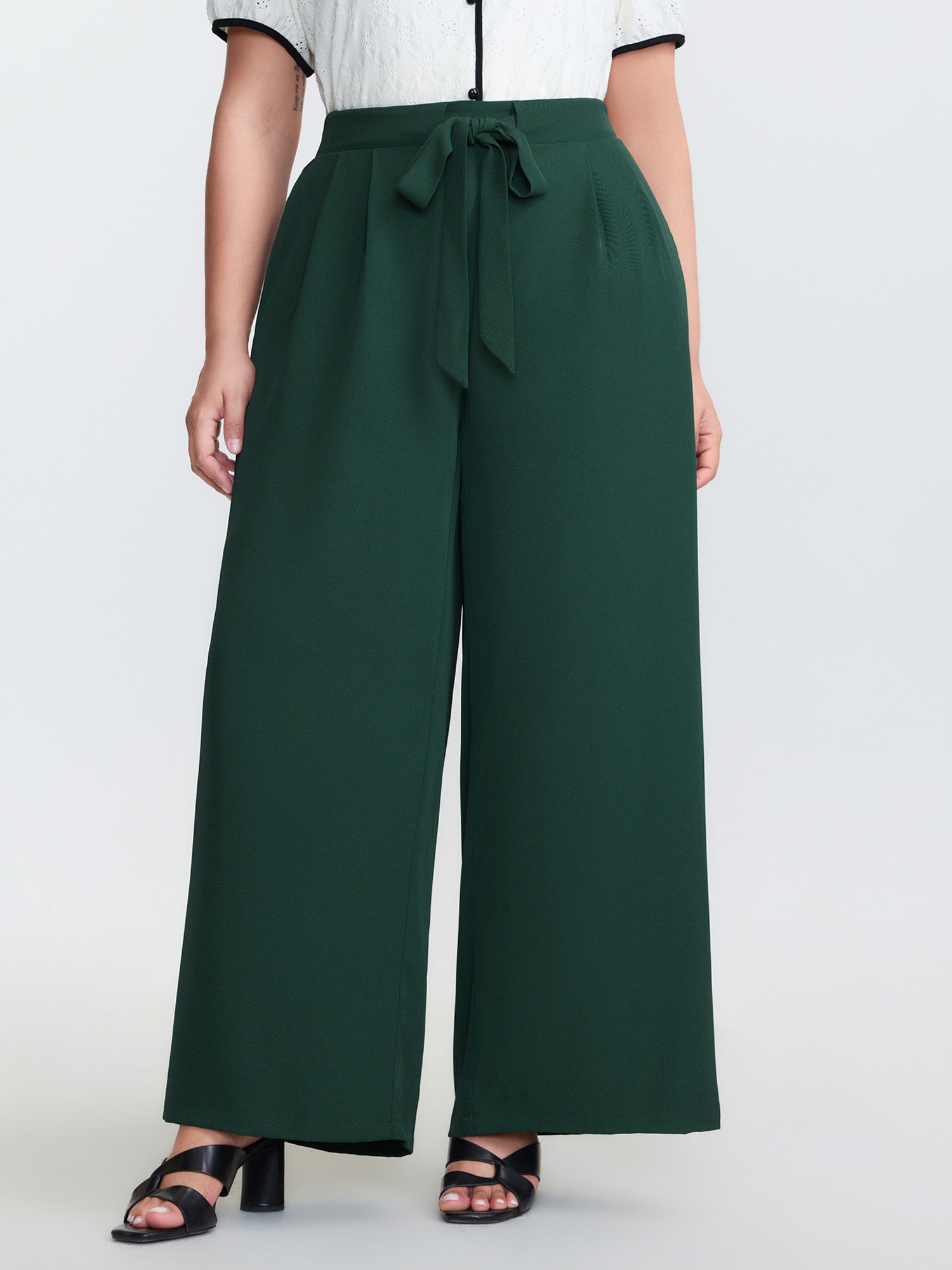 Stretchy Waist Belted Wide-Leg Pants