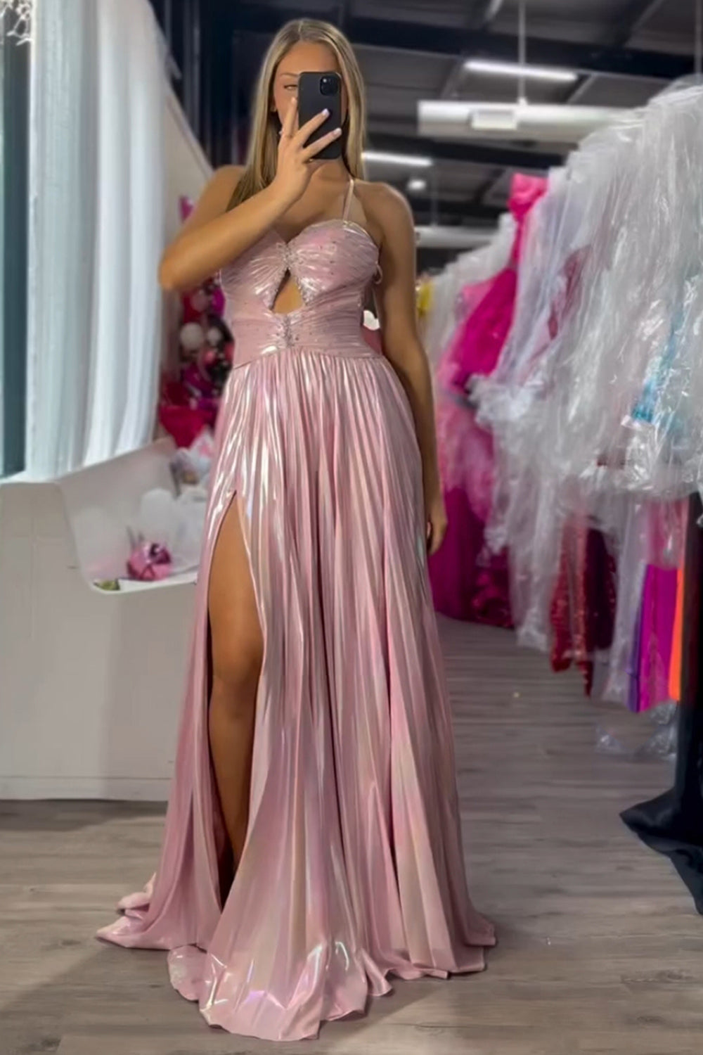 Long Pleated Prom Dress with Blush Metallic Spaghetti Straps and Slit