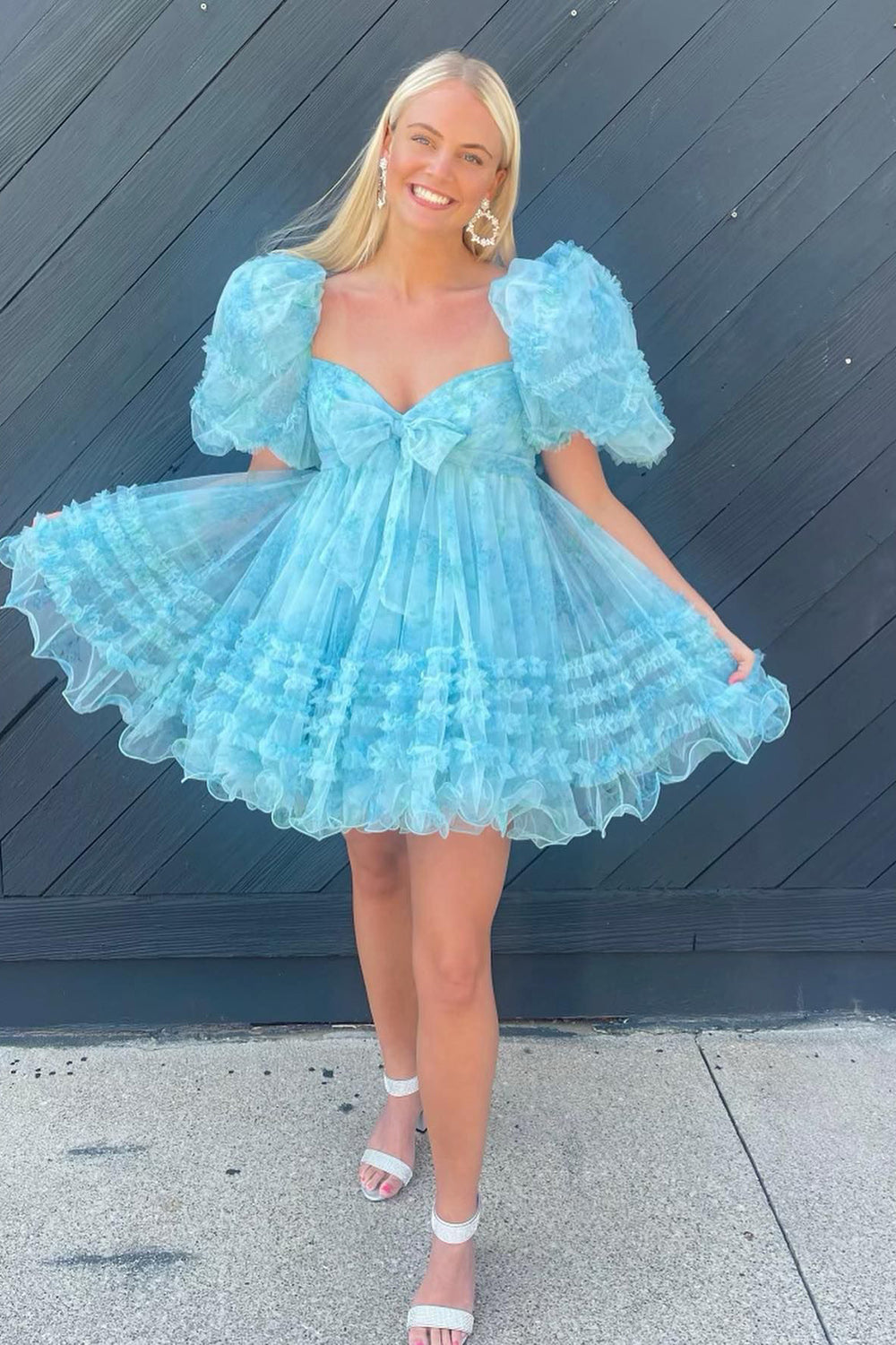Blue Puff Sleeves A-Line Floral Short Homecoming Dress/Mini Dress with Ruffles