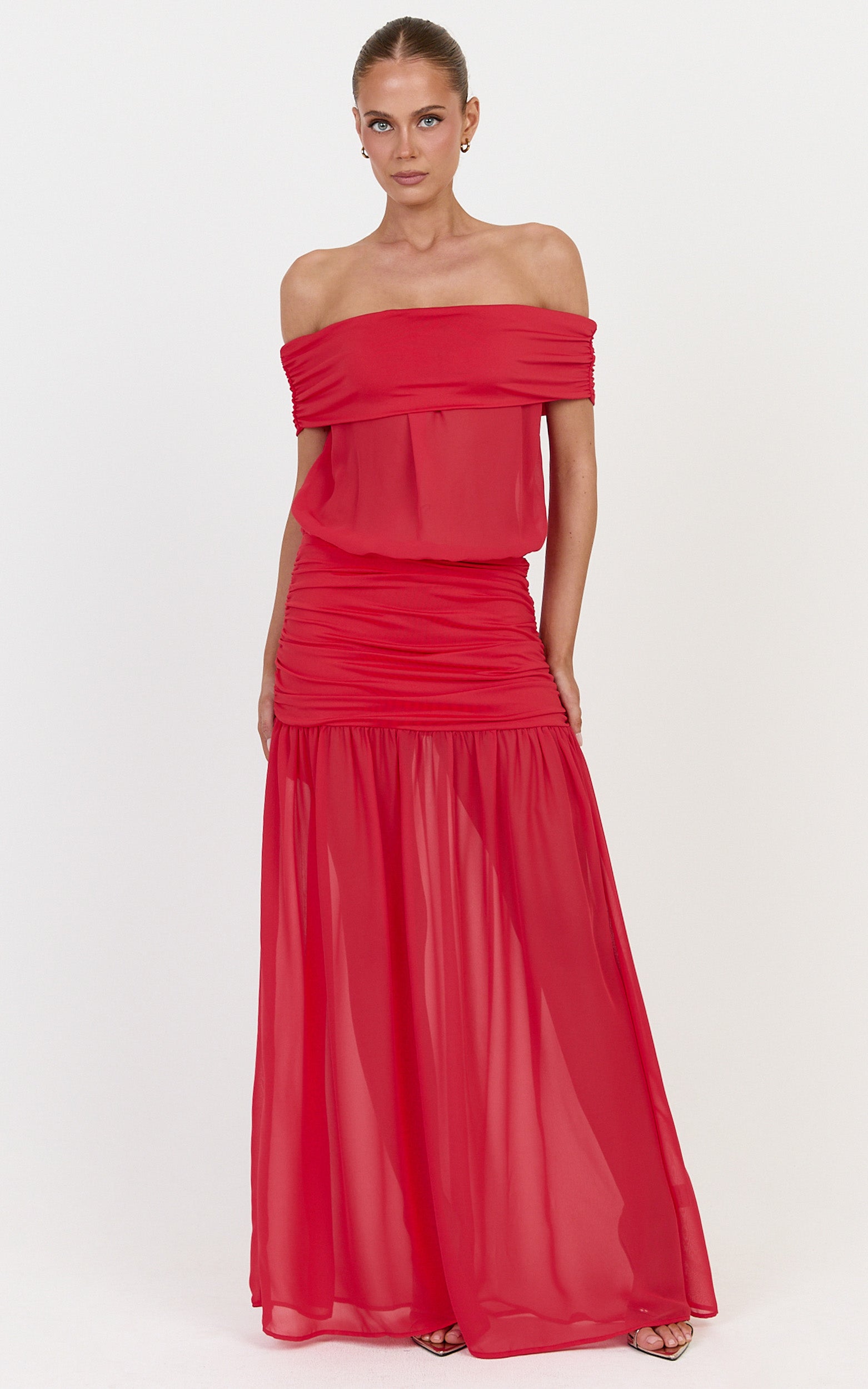Rafaela Maxi Dress - Off The Shoulder Dropped Waist Dress in Red