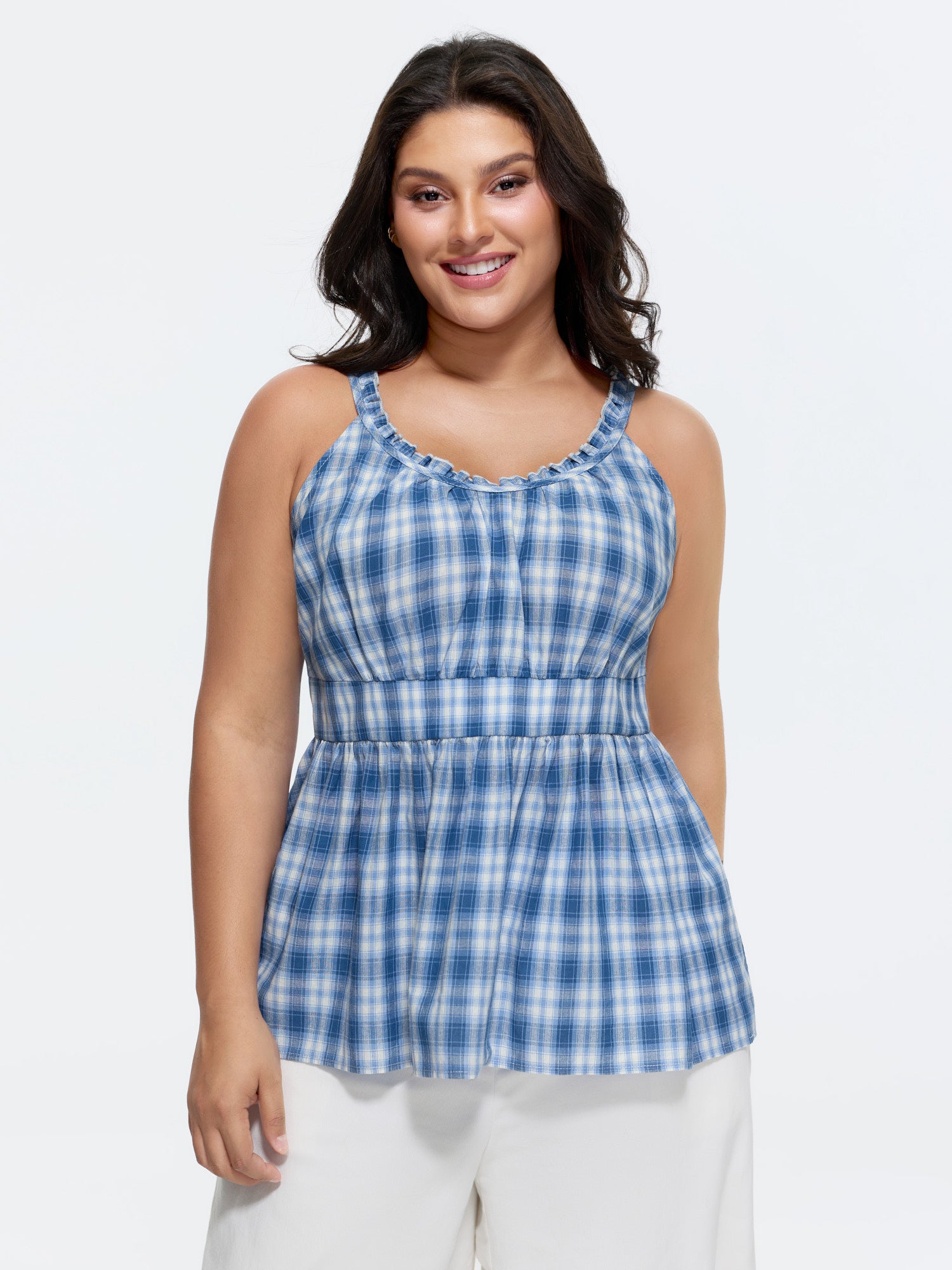 Cotton Check Print Fit And Flare Tank Top