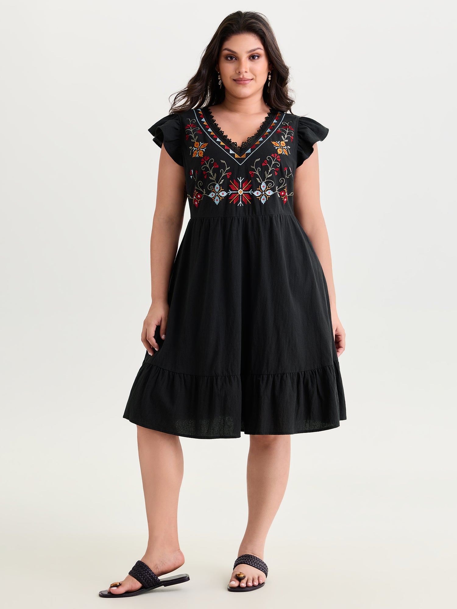 Cotton Geometric Embroidered V-Neck Lace Mini Dress