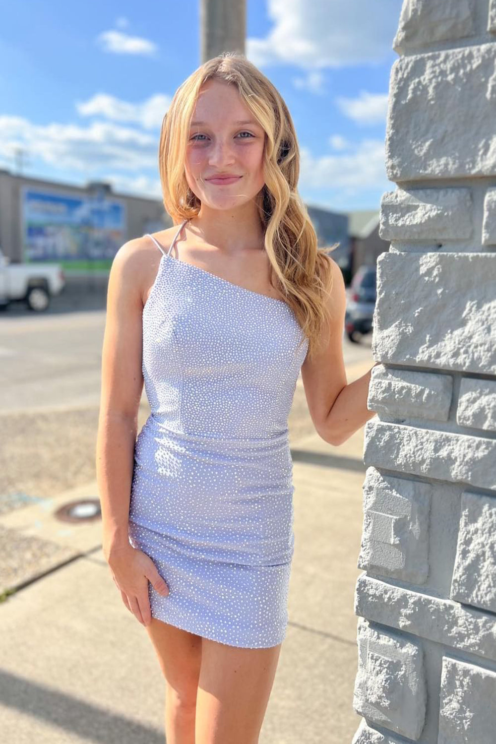Sparkly Lilac Beaded One Shoulder Sequins Tight Homecoming Dress/Mini Dress
