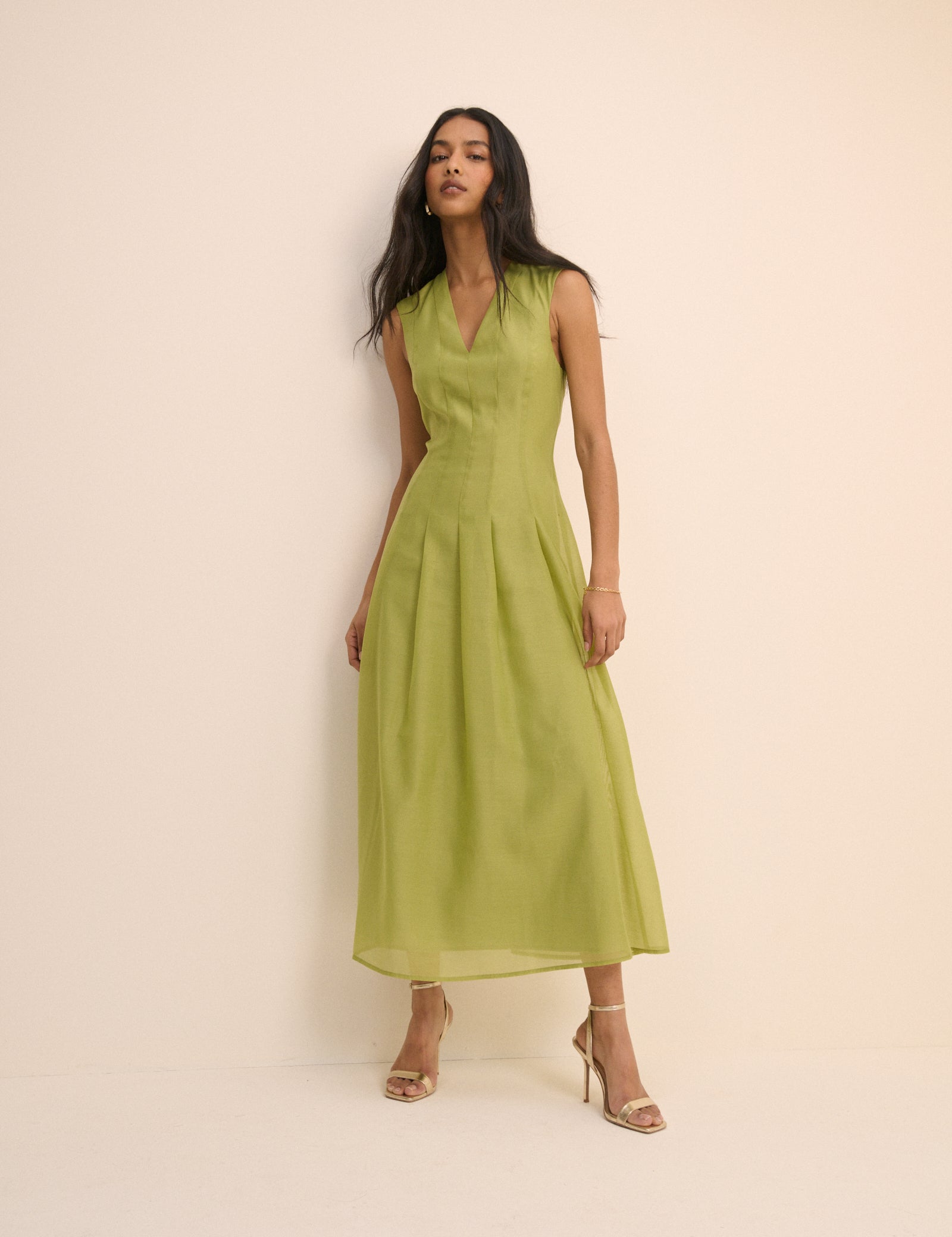 Light Green Pleated V-Neck Ohana Midaxi Dress