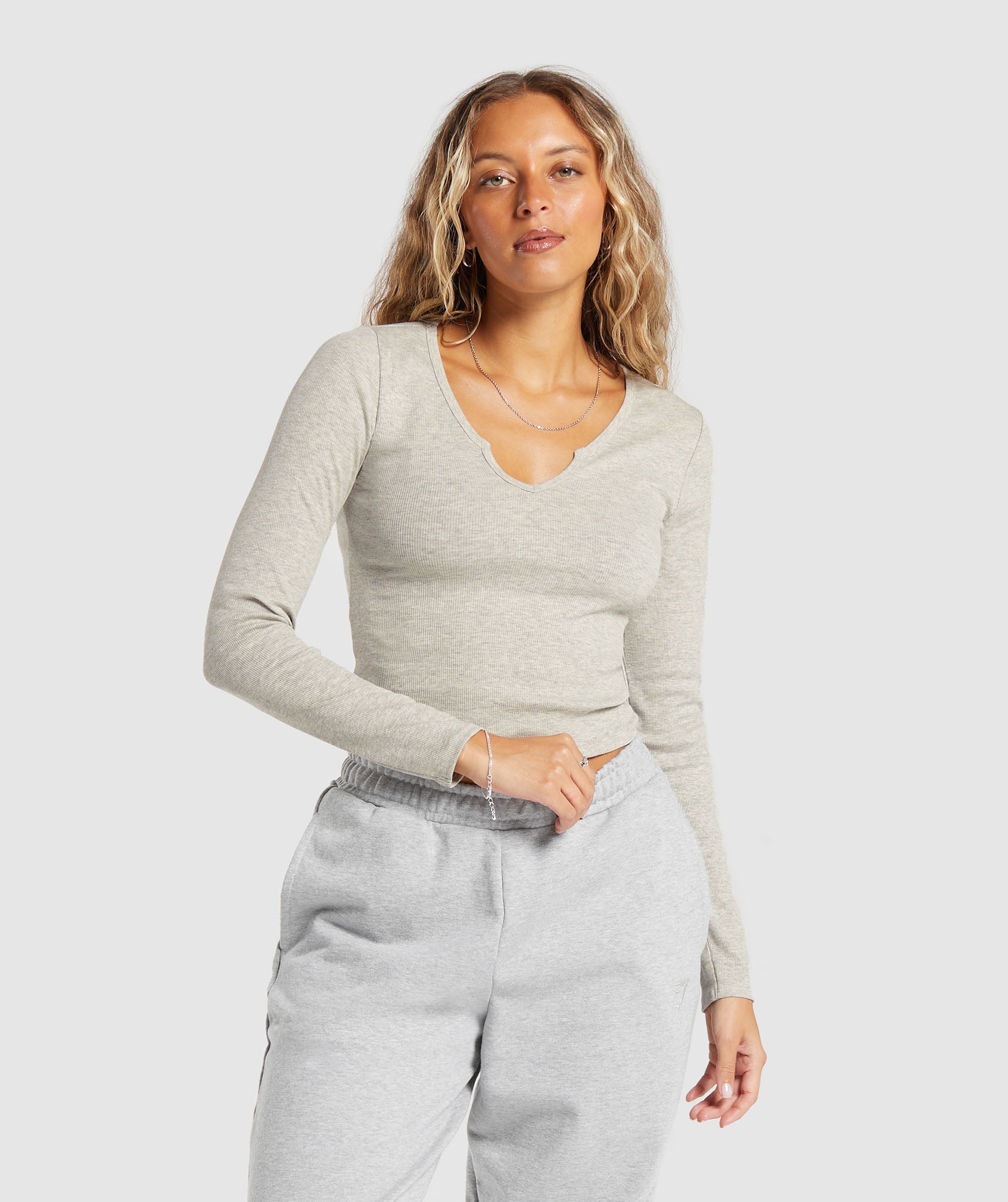 Gymshark Rib Long Sleeve Top - Stone Grey Marl
