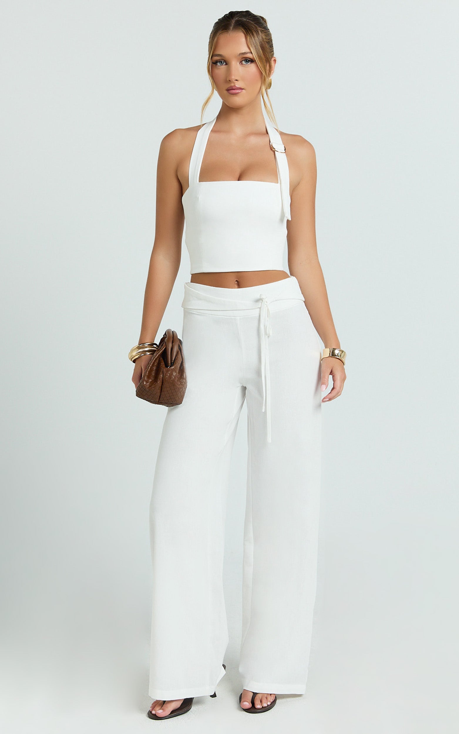 Alva Pants - High Waisted Front Tie Wide Leg Pants in White