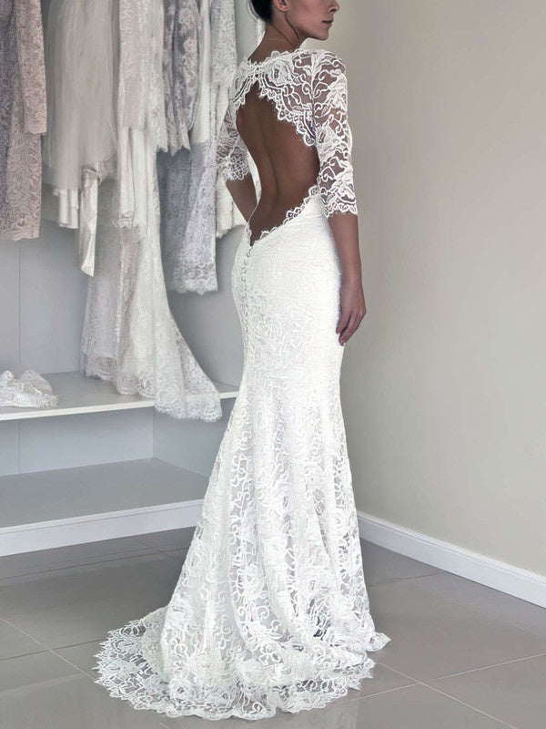 Stunning Mermaid 3/4 Long Sleeves Backless Lace Sweep Train Wedding Dresses