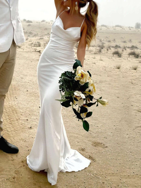 Classic Sheath Cowl Neck Satin Spaghetti Straps Sweep Train Wedding Dresses