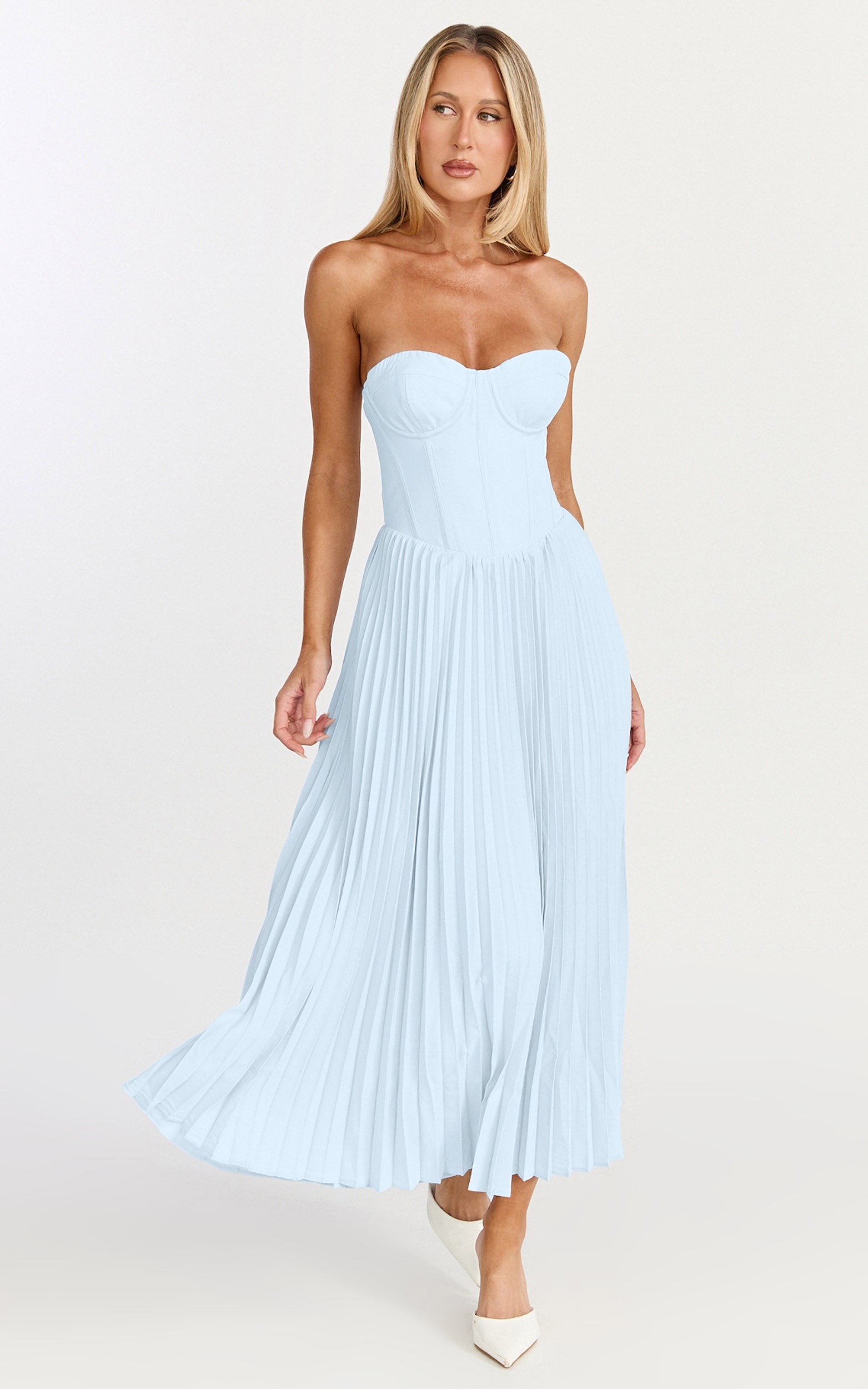 Loretta Midi Dress - Lace Up Back Bustier Pleated Dress in Light Blue