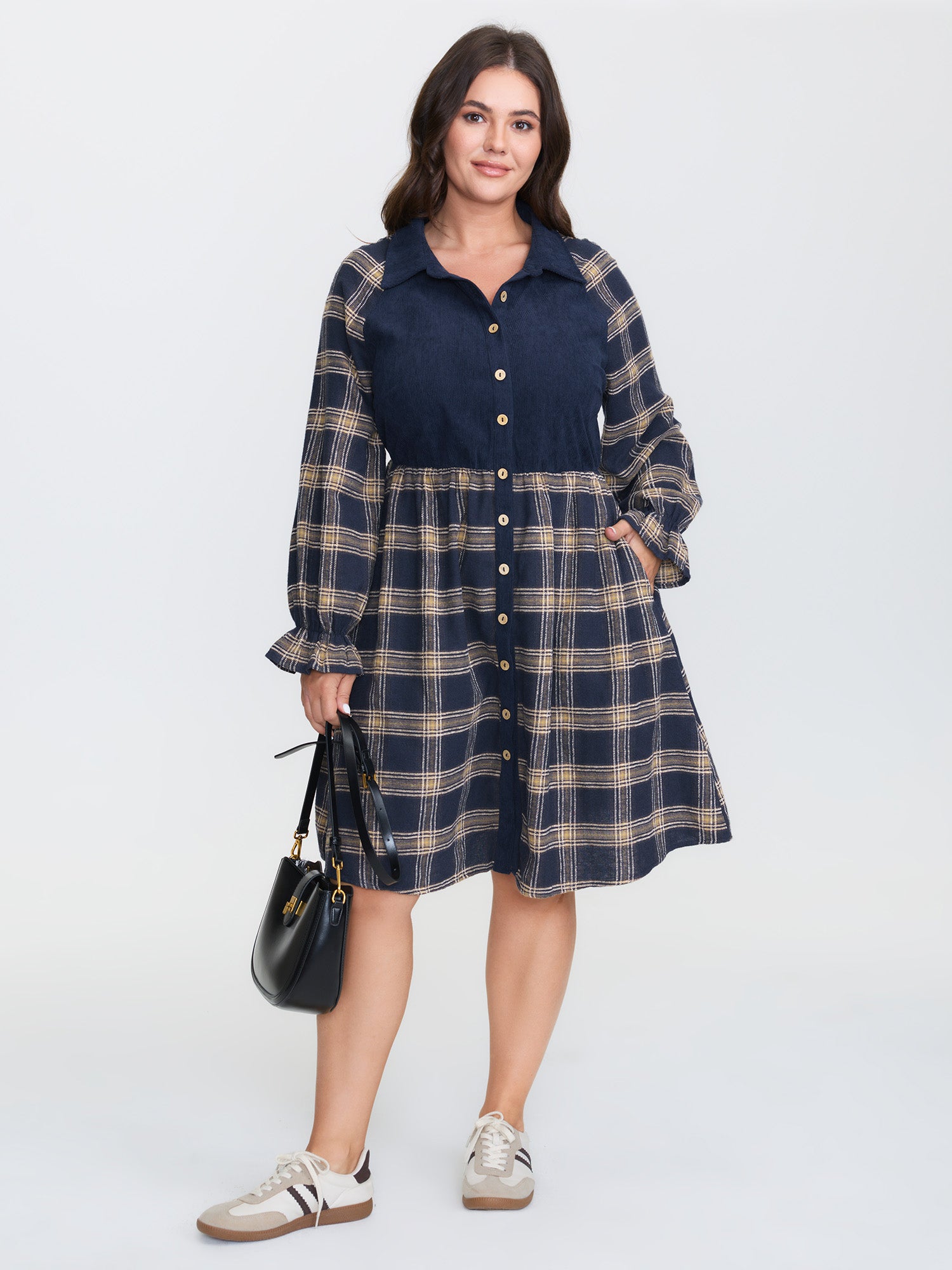 Plaid Pattern Contrast Shirt Midi Dress