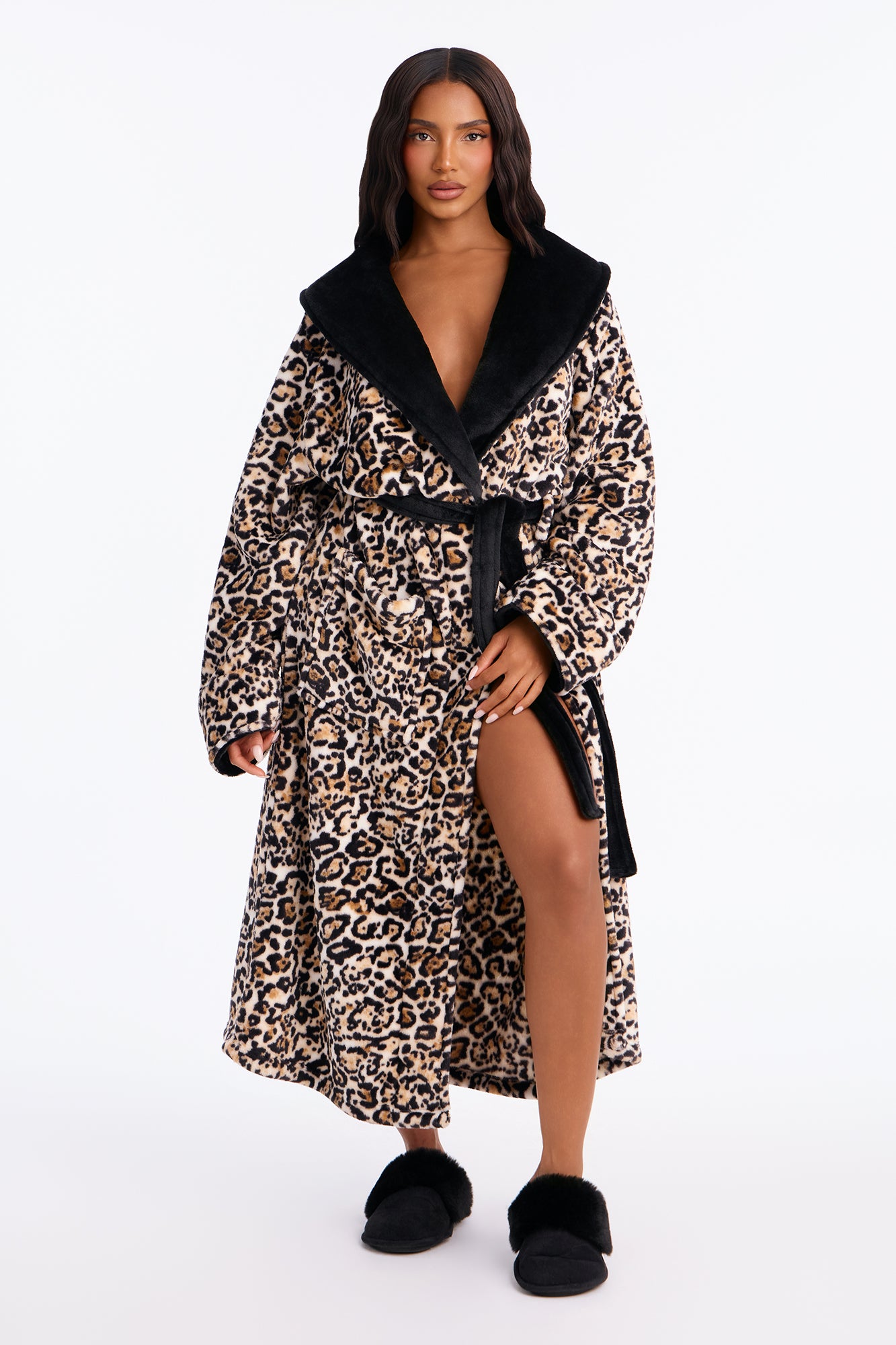 Pretty Instinct Contrast Plush Long Robe - Leopard