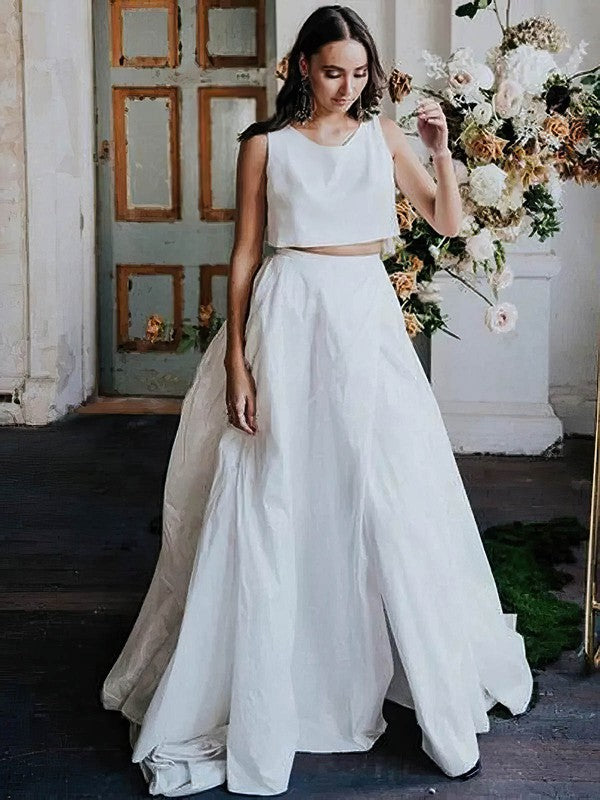 Stunning Two-Piece Crew Neck Satin Court Train Wedding Dresses with Split