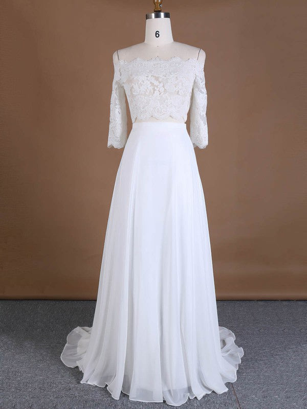 Gorgeous A-Line Off-The-Shoulder Chiffon Lace Wedding Dresses with Sweep Train
