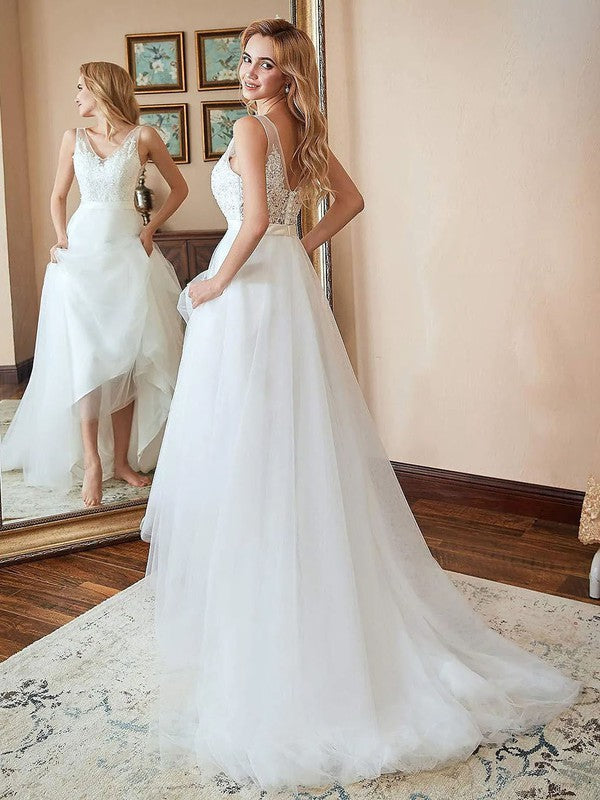 Chic A-line V-Neck Sleeveless Tulle Sweep Train Wedding Dresses with Beading
