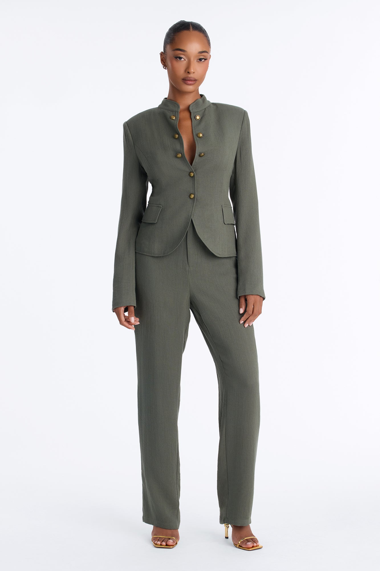 Tia Utility Linen Blazer Pant Set - Olive
