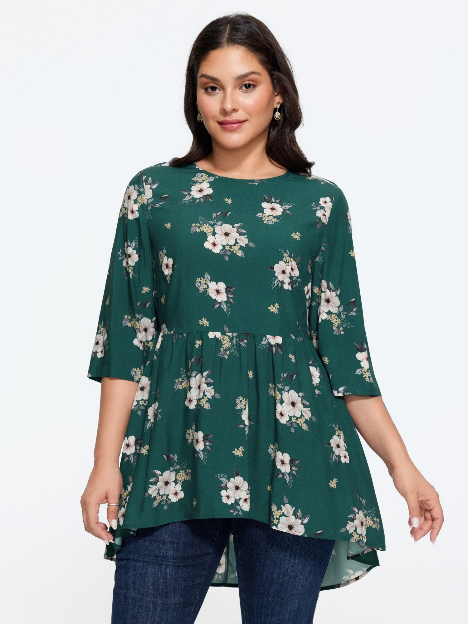 Floral Print High‑Low Hem Tunic Blouse