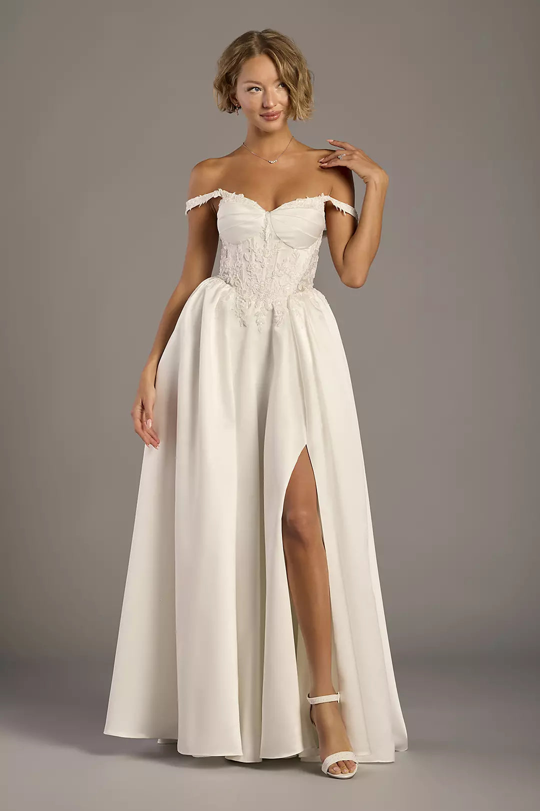 Off-the-Shoulder Satin Ball Gown with Beaded Lace
