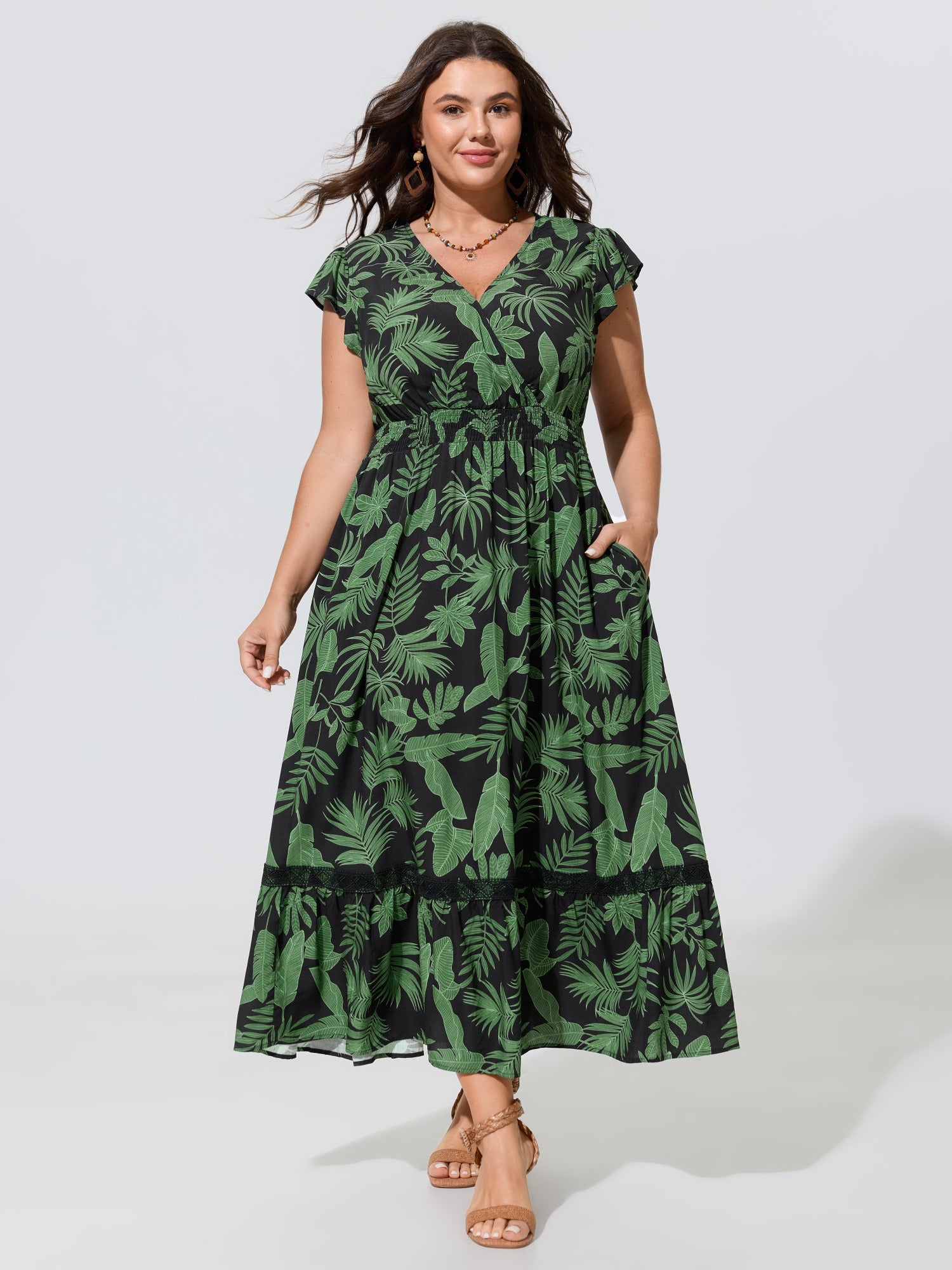 Supersoft Tropical Print Shirred Lace Trim Maxi Dress