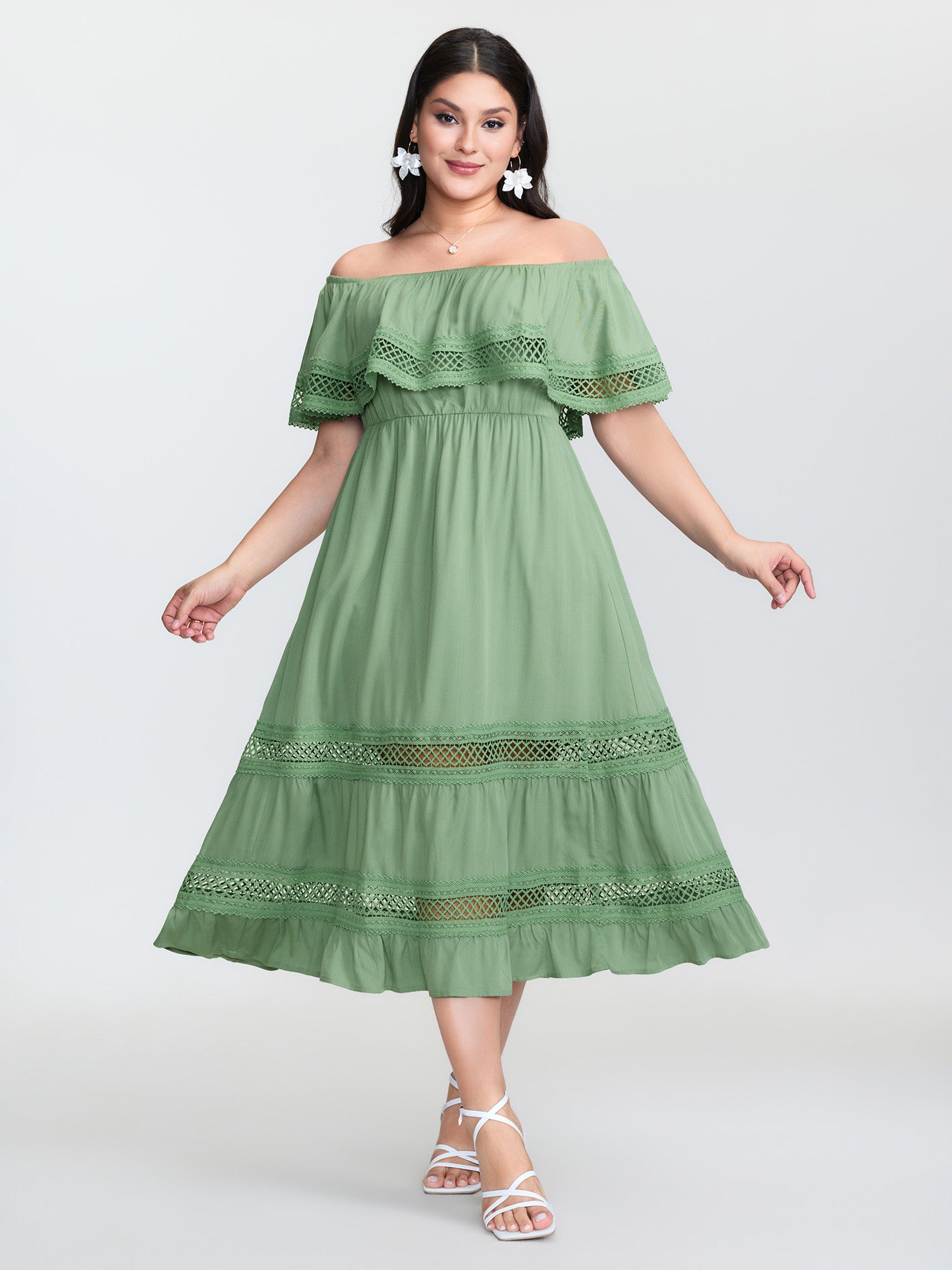 Off-Shoulder Stretchy Waist Lace Trim Maxi Dress