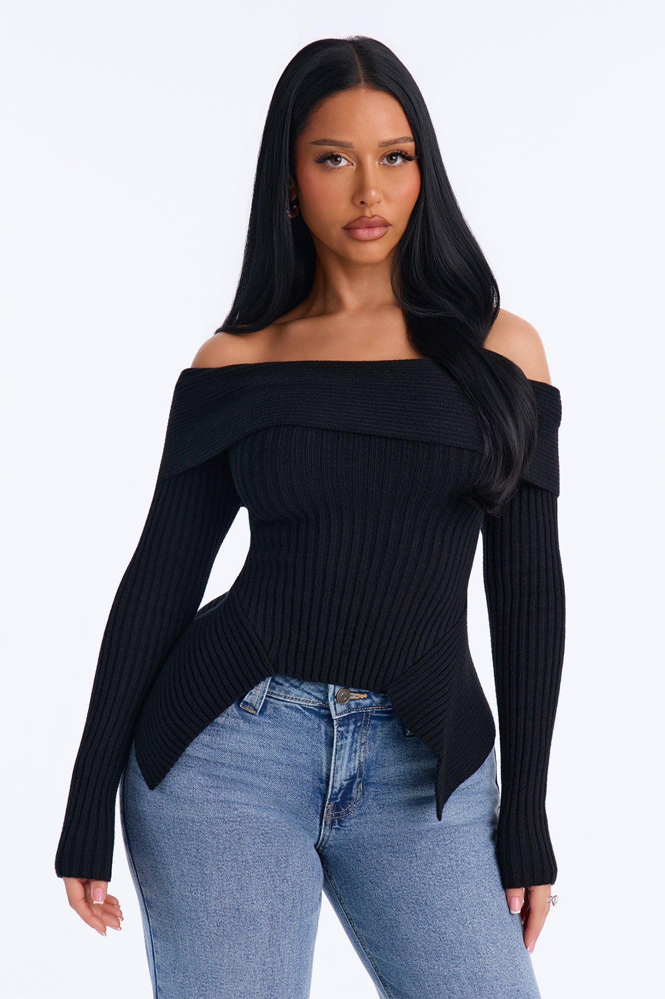 Delia Peplum Hem Off Shoulder Sweater - Black