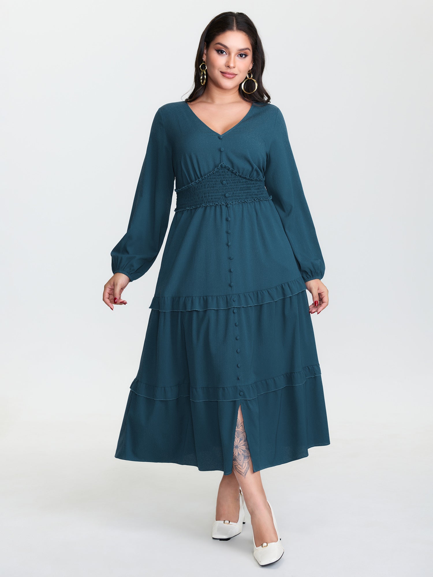 Ruffled Cinched-Waist Button Maxi Dress