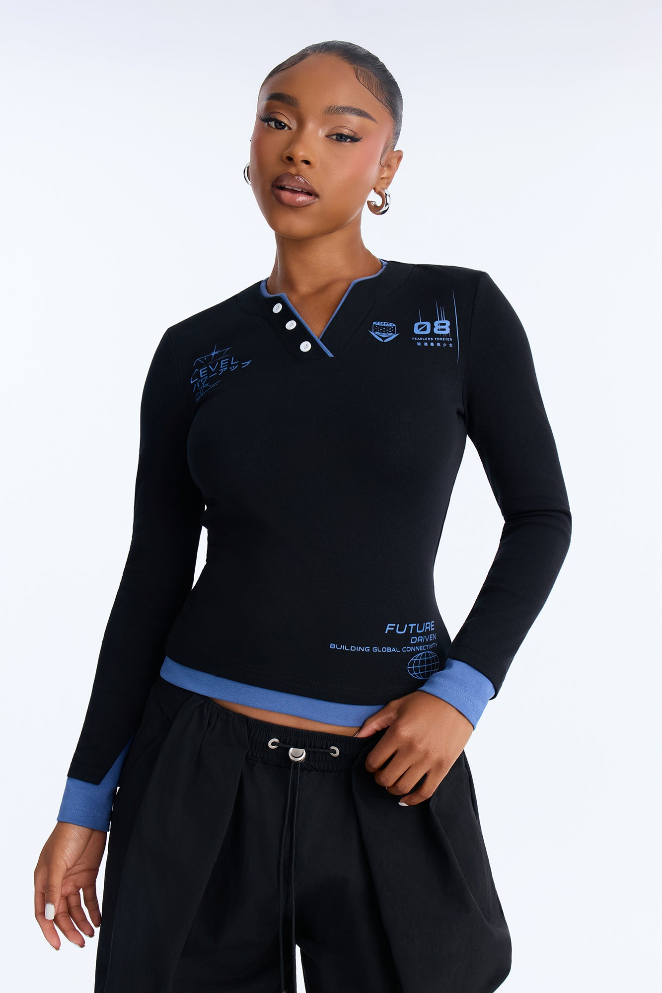 Next Level Layered Henley Tee - Black/combo