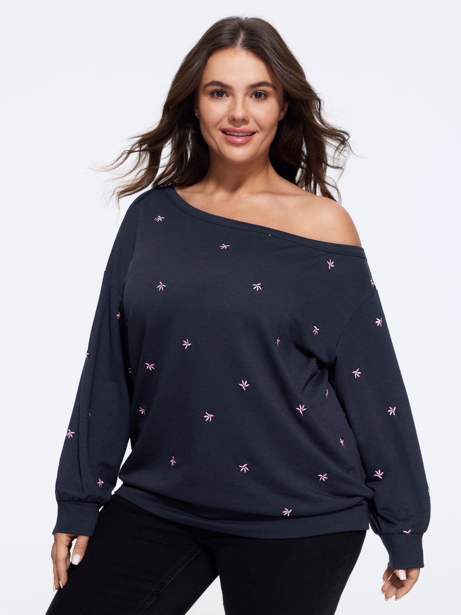 Floral Embroidery Off Shoulder Loose Sweatshirt
