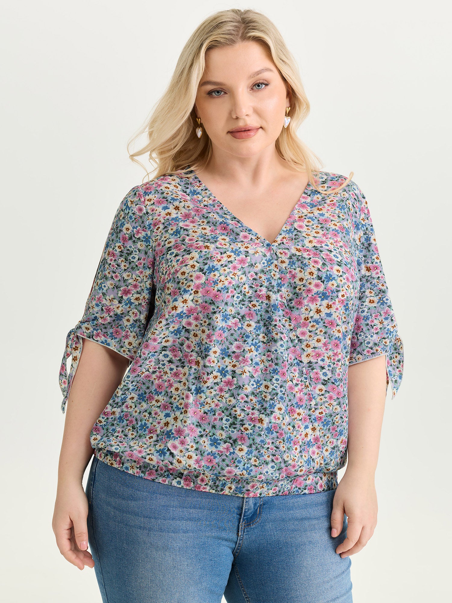 Floral Print Adjustable Sleeve Tie Blouse