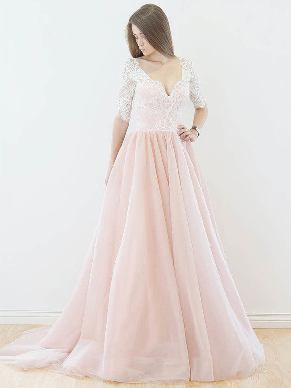 Sexy Backless V-Neck Half Sleeves Lace Tulle A-Line Wedding Dresses with Sweep Train
