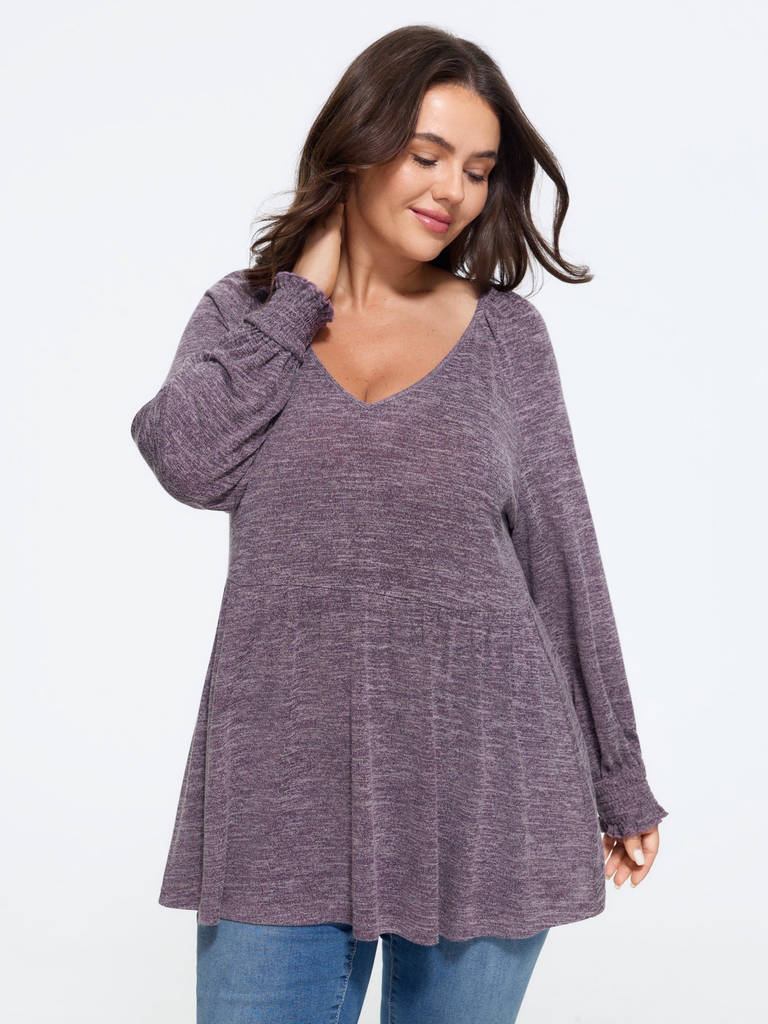 Supersoft Stretchy V‑Neck Ruffle Shirred Cuff T-Shirt