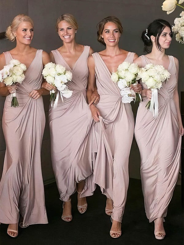 Fabulous Satin V-Neck Column Ankle-Length Ruffles Bridesmaid Dresses