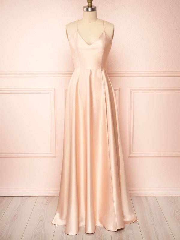Luxurious A-Line V-Neck Sleeveless Satin Floor-Length Bridesmaid Dresses
