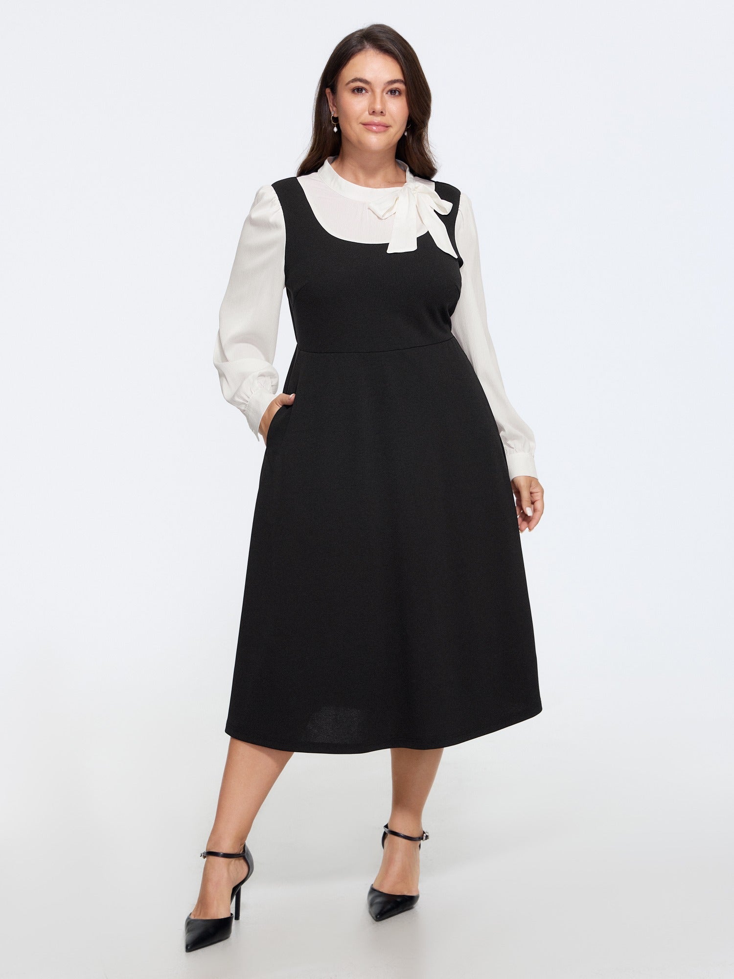 2 In 1 Bow Tie Neck Midi Dress