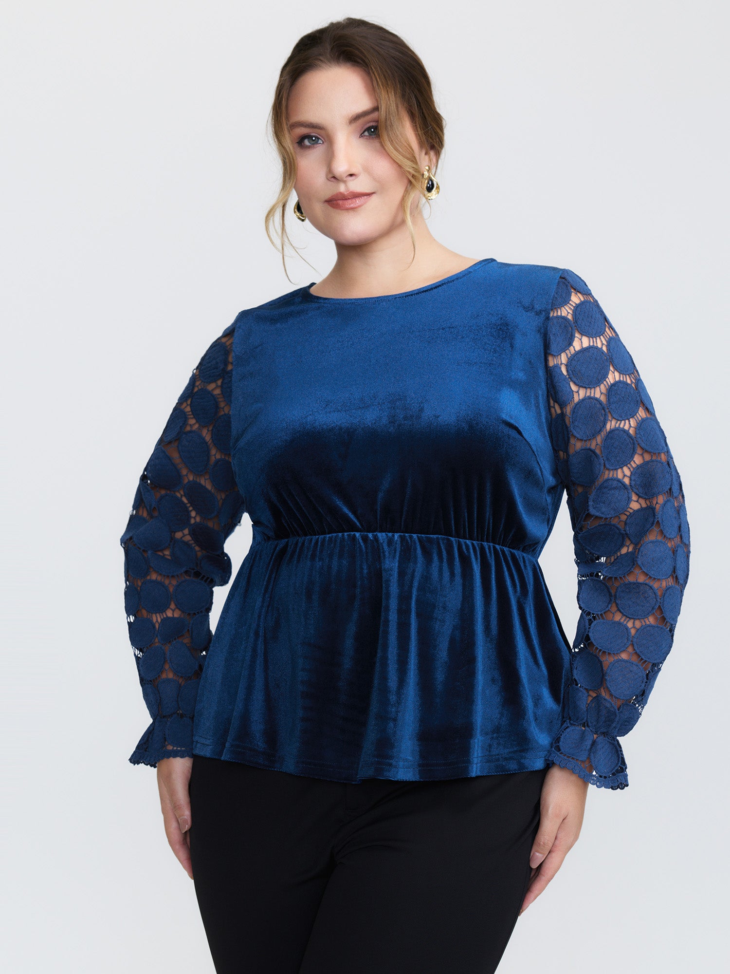 Velvet Sheer Lace Sleeve Flared Blouse
