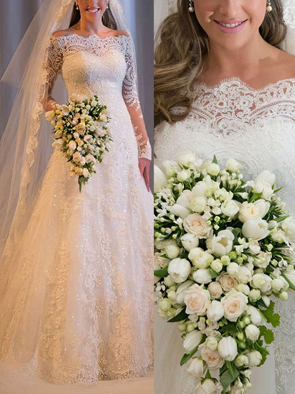 Elegant Floor-Length Off-The-Shoulder Lace Long Sleeves A-Line Tulle Wedding Dresses
