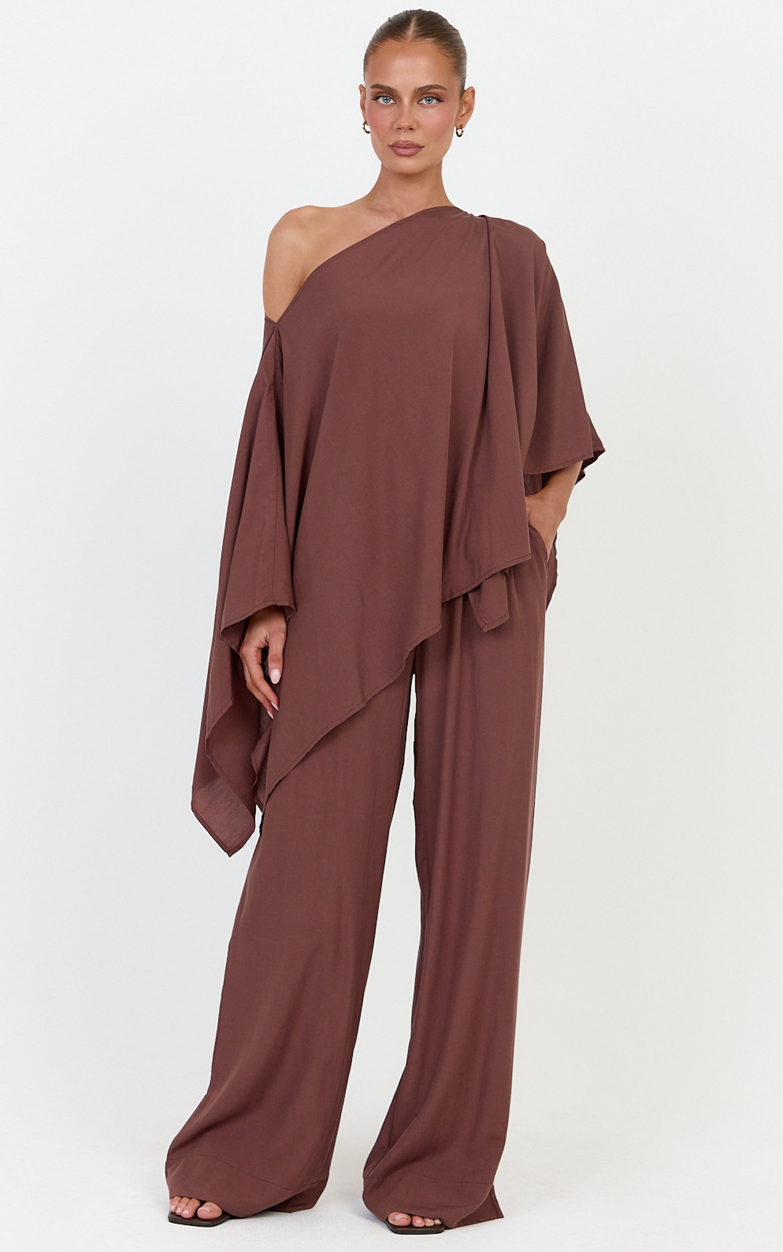 Beatrice Two Piece Top and Pants Set - Off Shoulder Cape Top and Pants Set in Chocolate