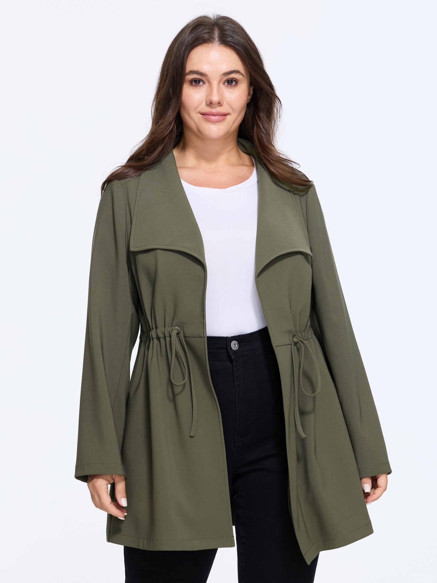 Lapel Collar Drawstring Waist Trench Jacket