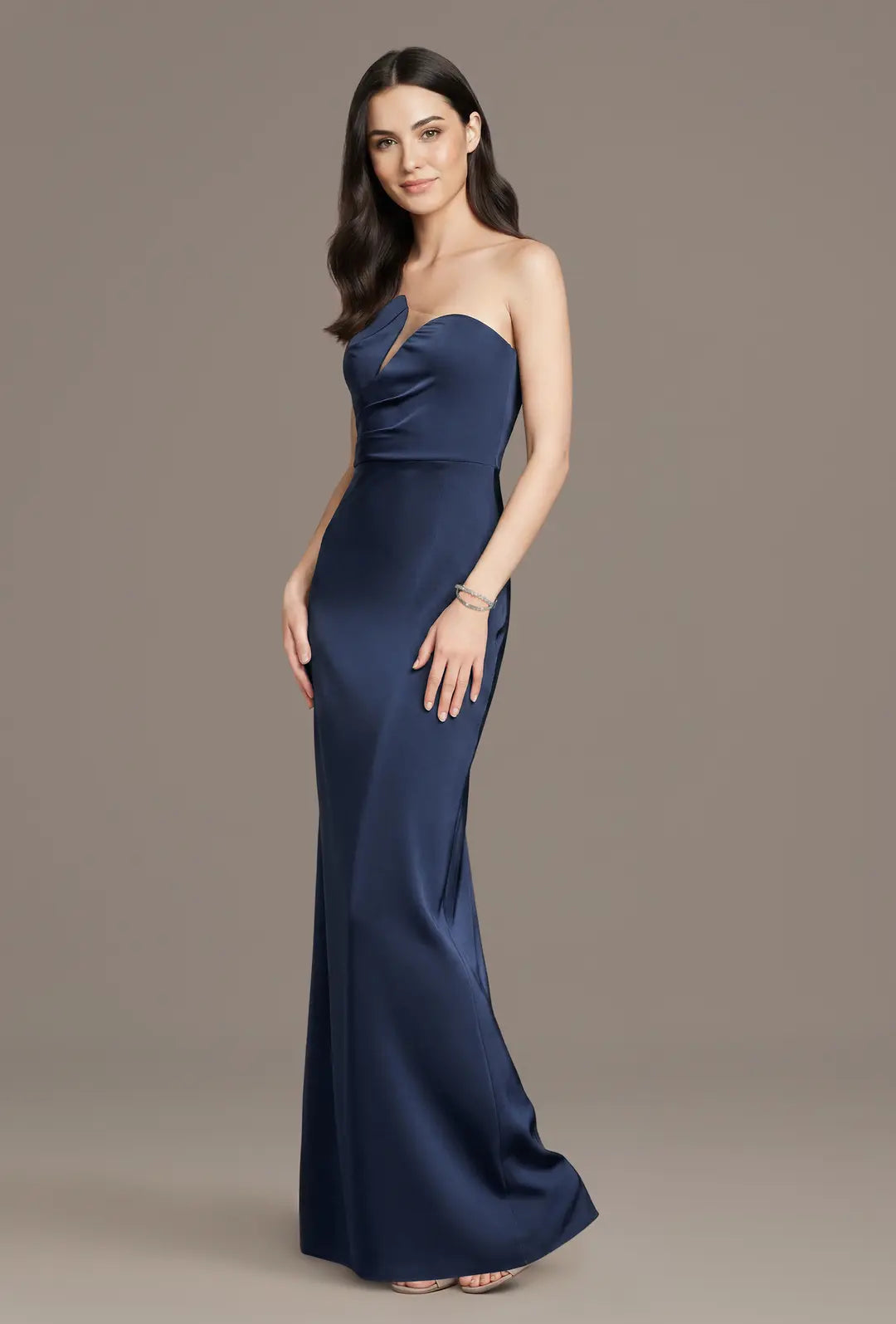 Matte Satin Sculpted Neckline Strapless Sheath
