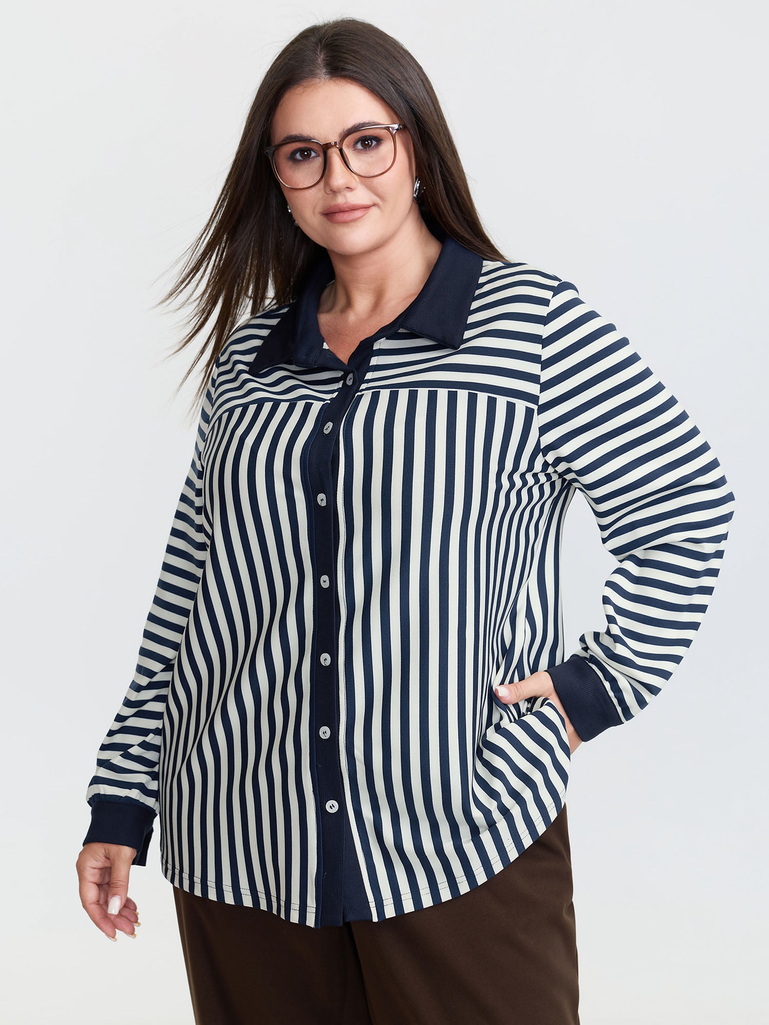 Striped Stretchy Color Contrast Button-Down Top